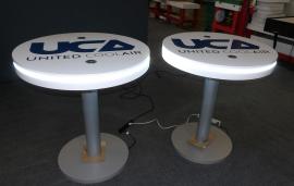Modified MOD-1453 Bistro Charging Tables with LED Accent Lights, Vinyl Graphics, and (2) Wireless Charging Pads