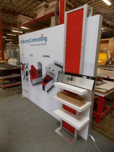 ecoSmart Sustainable Custom Hybrid Exhibit with SEG Fabric Graphic, Shelves, and Monitor Mount