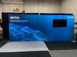 RENTAL: Inline Design with Single-Sided Lightbox at 232 Inches Wide x 96 Inches High with Large Monitor Mount, 55 Inch Monitor, Blu-Ray Media Player, and Silicone Edge Fabric Graphic