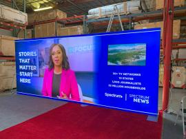 RENTAL: RE-2117 Inline Design with 232" Wide x 96" High Single-Sided Lightbox with Boomerang Baseplates, Fabric Blocker Panel, Large Monitor Mount with Internal Extrusion Supports, 50" Monitor with HDMI Cable, and SEG Backlit Fabric Graphic -- View 2