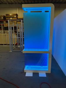 Custom Double-sided Workstation Kiosks with Shelves, Monitor Mount, Fabric Graphics, and RGB LED Accents Lights -- View 2