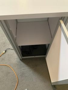 RENTAL: RE-1091 Inline Design with 114" Wide x 95" High Single-Sided Lightbox with Fabric Blocker Panel, Baseplates, Monitor Mount, 32" Monitor, RE-1566 Backlit Reception Counter, and SEG Backlit Fabric Graphics -- View 3