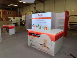 Custom Modular Reconfigurable Exhibit with SuperNova Lightbox, Shelves, Locking Closet Storage, (2) L-Shaped Counters with Open Storage, and Fabric and Vinyl Graphics