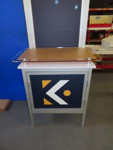 Custom Inline Exhibit with Backlit LB Graphics, Backwall Kiosk w/ Storage, Monitor Mount, and MOD-1278 Counter with Locking Storage -- View 3