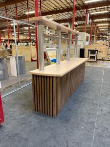 Custom Counter/Monitor Kiosk with Wood Slats, (3) Doors, Storage with Internal Shelves, Canopy, and Electrical Grommets -- View 3