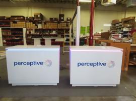 (2) MOD-1596 Custom Counters with RGB Adjustable LED Accent Lights, Vinyl Graphics, and Locking Storage