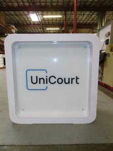 MOD-1573 Counter with Recessed Lights, Direct Print Graphic, and Locking Storage and (2) Custom Laminated Genius Bars -- View 2