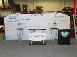 Modified SYK-2018 Symphony Portable Display with SEG Fabric Graphics, (2) Workstations with Wireless Charging, iPad Clamshells, SYM-411 Reception Counter, and Modified SYM-406 with 3D Halo Lit Logo