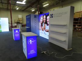 Gravitee Modular Inline Exhibit with Tension Fabric Graphics, SuperNova Lightbox, Shelves, Monitor Mount, Closet Storage, and (2) MOD-1703 Reception Counters -- View 4