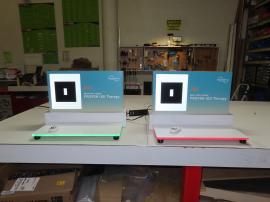 (2) Custom Tabletop Displays with Laminated Wood and Acrylic Bases, Direct Print Graphics, and RGB LEG Lights