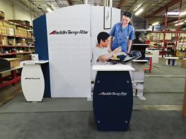 SYK-1044 Symphony Portable Modular Display with SEG Fabric Graphics, SYM-408 Counter with Locking Storage, Wireless Charging Pads, and Shelves