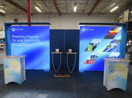 Custom Reconfigurable Inline with SEG Fabric Graphics, SuperNova Lightboxes, Aero Frames with Pillowcase Graphics, (2) Symphony Backwall Counters, Monitor Mounts, and (2) SYM-406 Portable Counters with Locking Storage and Vinyl Graphics