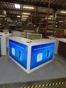 Custom L-Shaped Dual Monitor Counter with Locking Storage (Dims. 65" x 65")