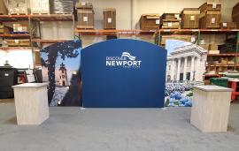 Reconfigurable Symphony Portable Display with Privacy Wall, Tension Fabric Graphics, and (2) LTC-131 Pedestals with with Locking Storage -- 10 x 20 Version